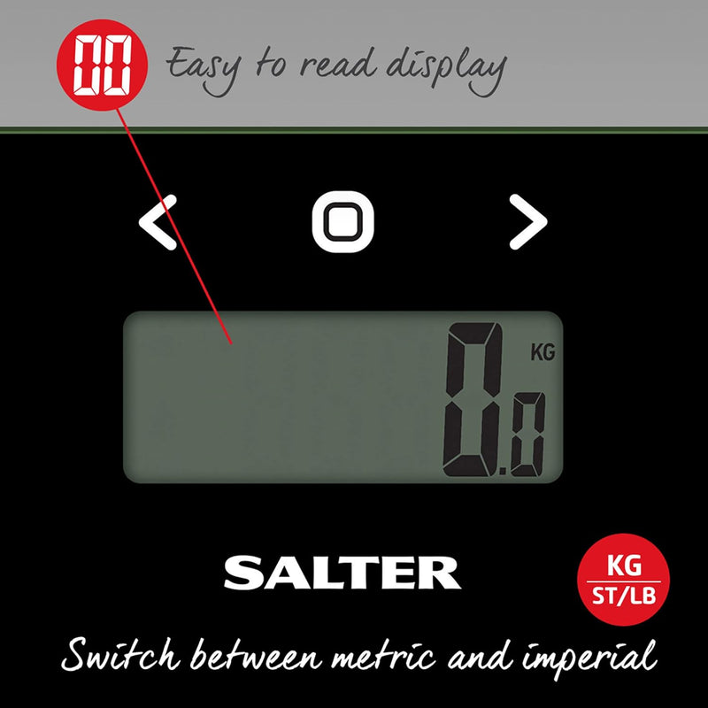 Salter 9150 BK3R Digitale Personenwaage - Körperanalyse, Körpergewichtswaage aus Glas, misst Gewicht