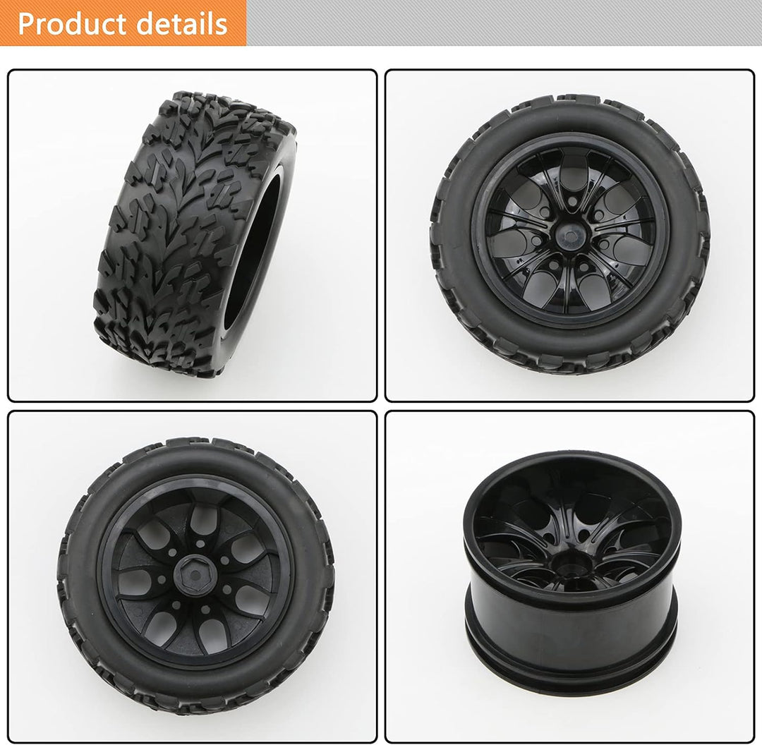 Pxyelec Gummireifen für Monster Truck 1:10 RC Auto Rad Typ Reifen mit 7 Speichen Felge Schwarz RC Te