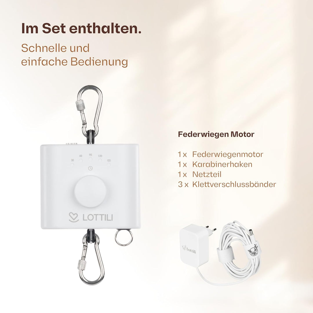 Lottili Federwiegen Motor | lautlos & selbstlernend | mit Timer & Dauermodus | fein einstellbare Sch