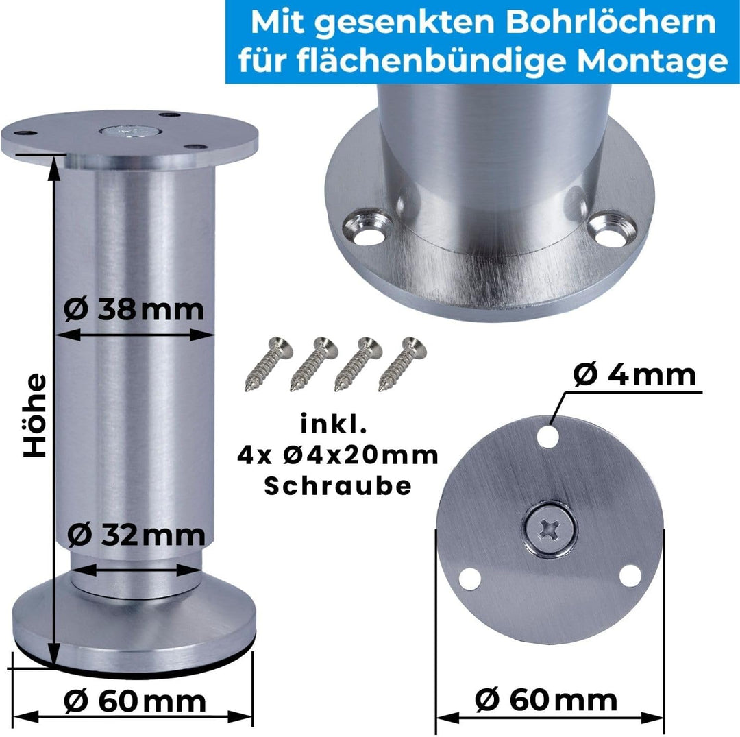 4er SET Möbelfüsse verstellbar Sofafuss Möbelbeine| SCHWARZ MATT | Höhe 25 cm |Ø 38 mm|stabile Ausfü