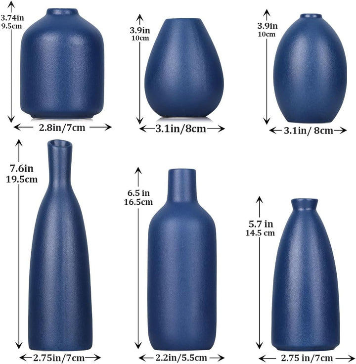 Blaue Keramik Knospen Vasen Set von 6, Bauernhaus Dekor, Kamindekor, Kaminsims & Regal Dekor, Heimde