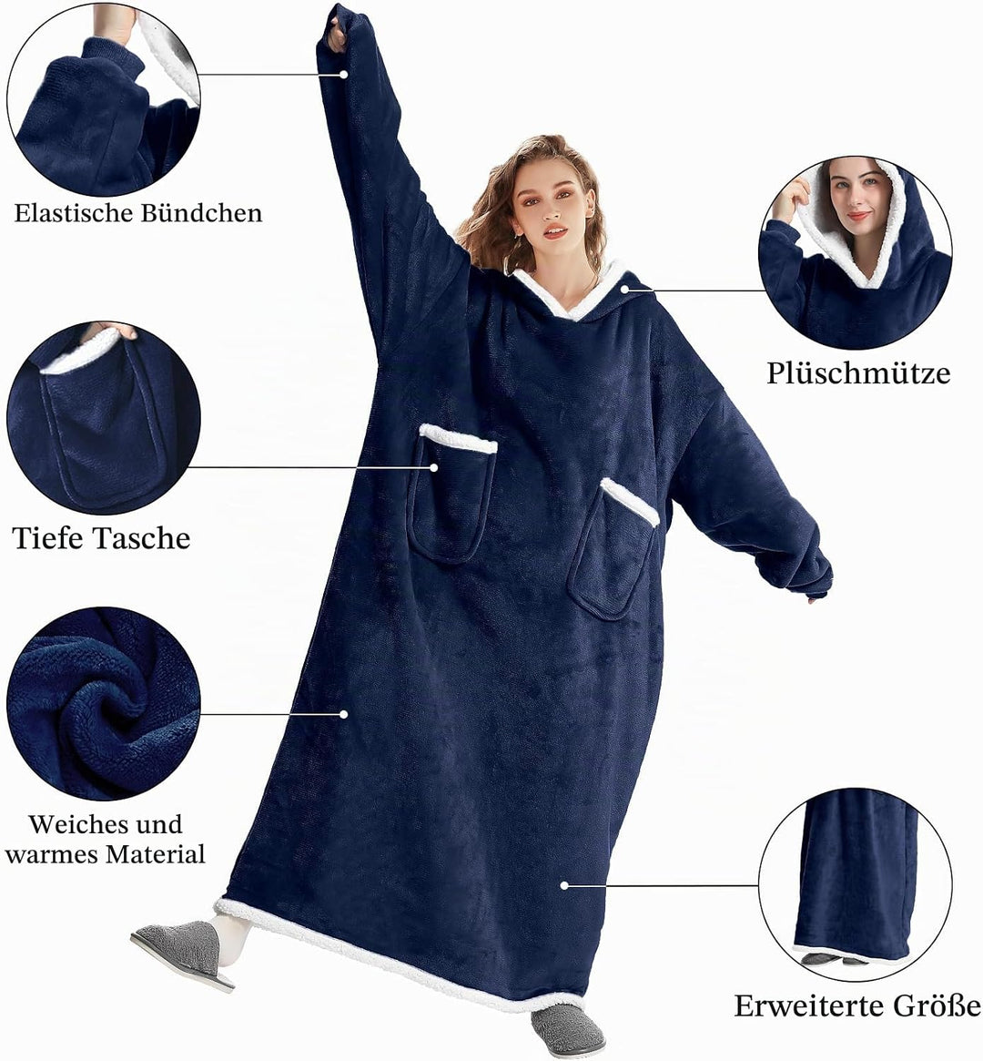 FEELJAM Decke Hoodie Decke mit Ärmeln und Kapuze Marineblaue Wolldecke mit Ärmeln tragbare Decke für