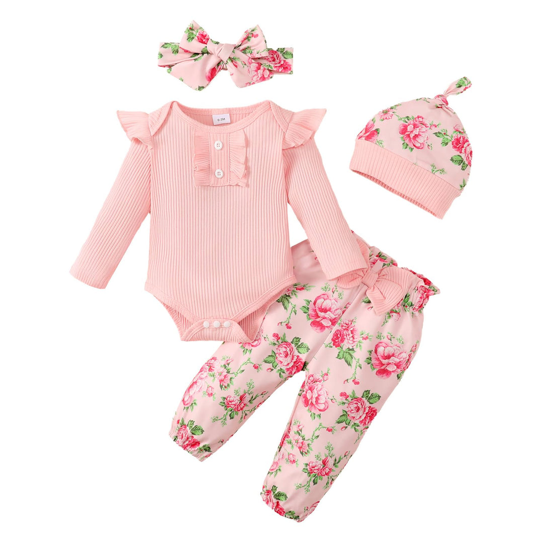 Neugeborenes Baby Mädchen Kleidung Kleinkind gerippt Ruffle lange Ärmel Strampler+ Floral Hosen+ Sti