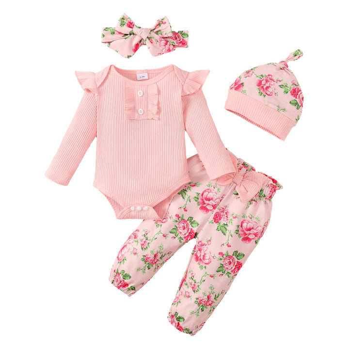 Neugeborenes Baby Mädchen Kleidung Kleinkind gerippt Ruffle lange Ärmel Strampler+ Floral Hosen+ Sti