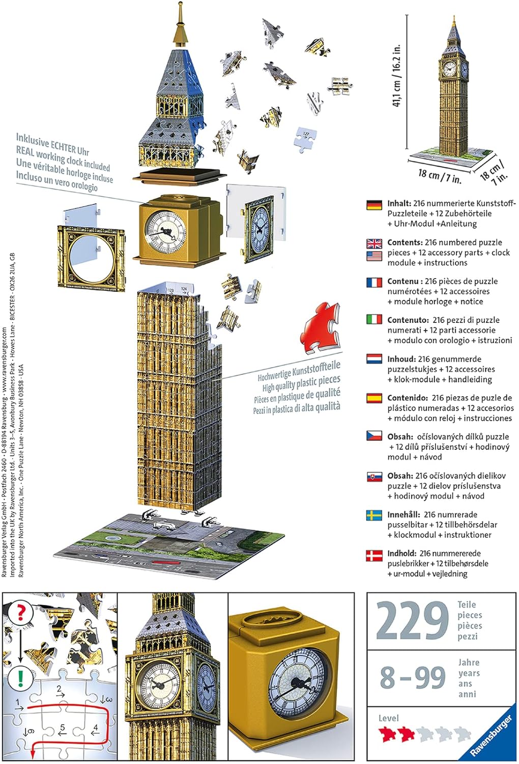 Ravensburger 3D Puzzle 12586 - Big Ben mit Uhr - 216 Teile - Das weltbekannte Londoner Wahrzeichen z