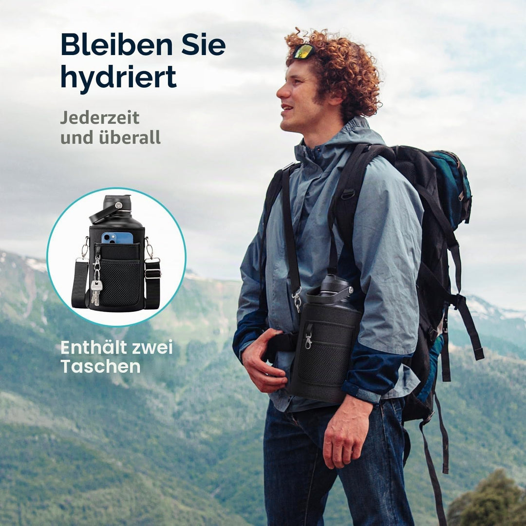 BUZIO 2L Edelstahl Trinkflasche isoliert mit Strohhalm &amp; Ausgussdeckel | Grosse Wasser-Thermoflasche