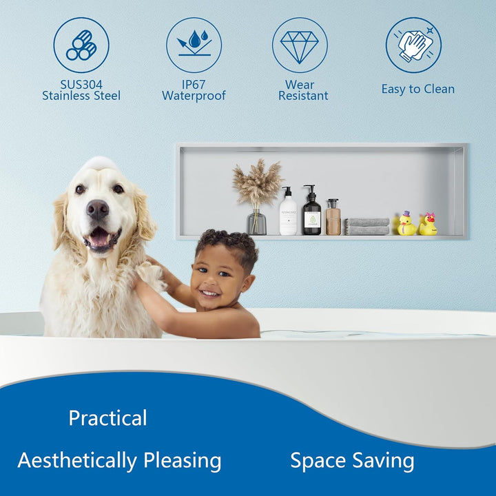 Neodrain Wandnische Dusche 90 x 30cm 304 Edelstahl Duschnische Einbaunische Lagerung für Badezimmer,