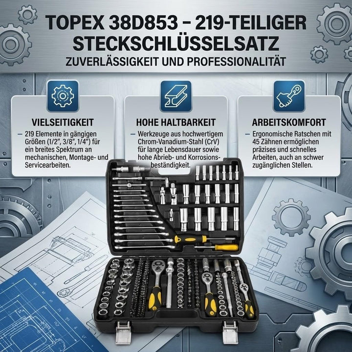 TOPEX Werkzeugkoffer 219-tlg: 1/2", 3/8", 1/4" Nüsse, Ratschen, Bits, Knarrenkasten, Für Kfz, Werkst