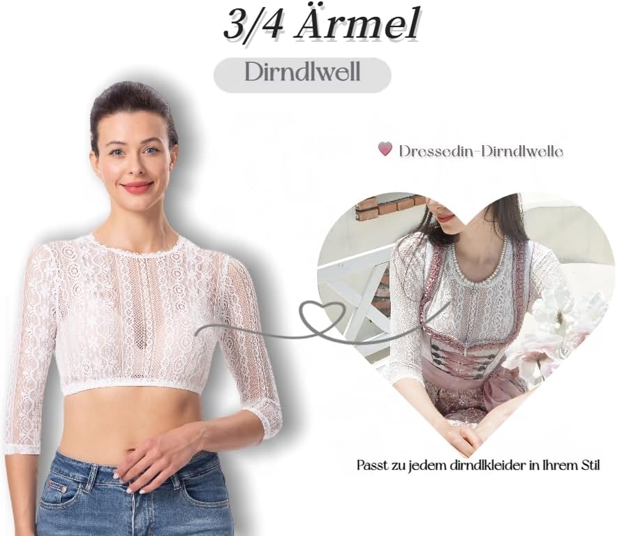 Dirndlwelle Spitze Dirndlbluse Langarm Dirndlbluse Damen Trachtenbluse Creme Dirndl Bluse Hochgeschl