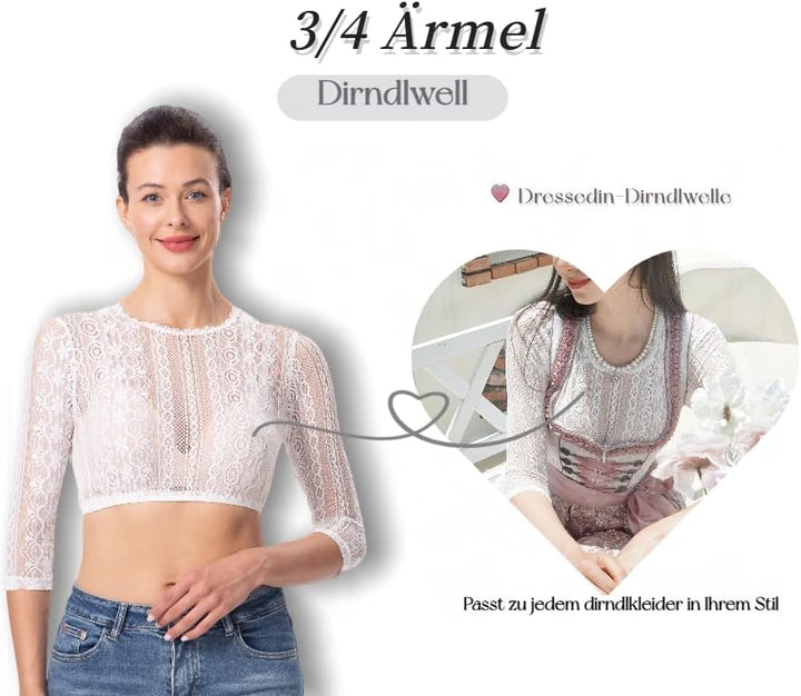 Dirndlwelle Spitze Dirndlbluse Langarm Dirndlbluse Damen Trachtenbluse Creme Dirndl Bluse Hochgeschl