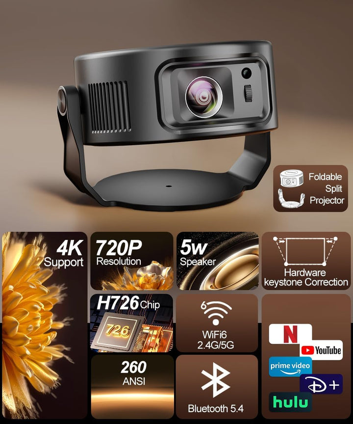 Magcubic Mini Beamer 4K, 360°+35° Foldable Split Projector, 260 ANSI Wi-Fi 6 und Bluetooth 5.4, Auto