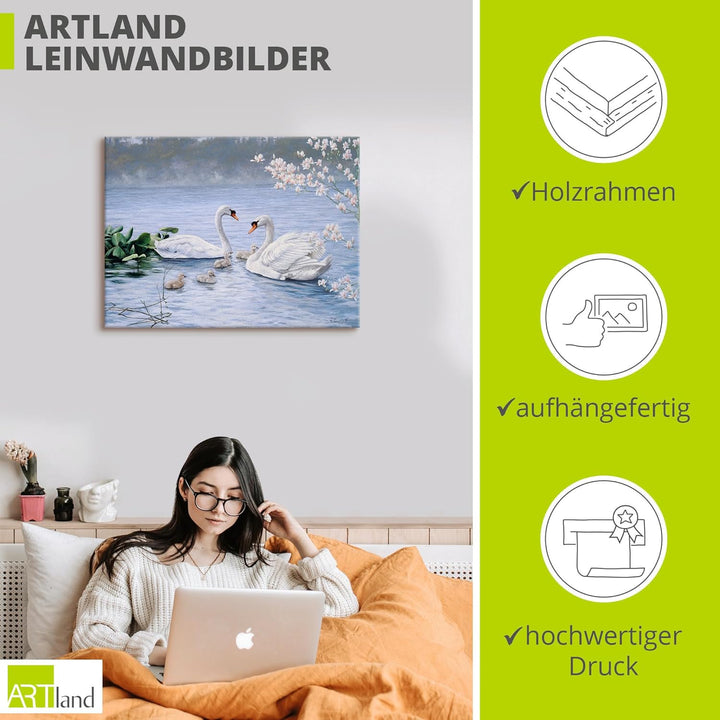 ARTland Leinwandbilder Wandbild Bild auf Leinwand 60x45 cm Wanddeko Schwan Tiere Vögel Schwanfamilie