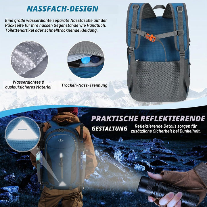 RAINSMORE Wanderrucksack Herren Damen 40L Wasserdichter Rucksack Leichter Faltbarer Reiserucksack Gr