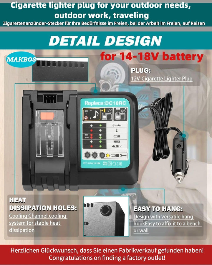 Autoladegerät für Makita 18V14.4VAkku,Ersatz für Makita DC18RC BL1860 Multi Voltage Akku DIY Ladeger