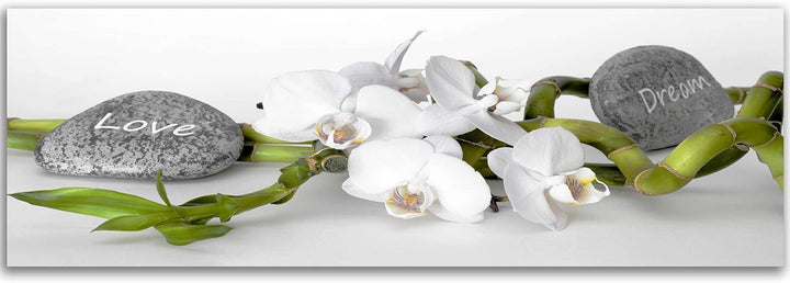 Feeby. Leinwandbild, Bilder, Wand Bild, Wandbilder, Kunstdruck 150x50 cm, Orchidee, Natur, Zen, Weis