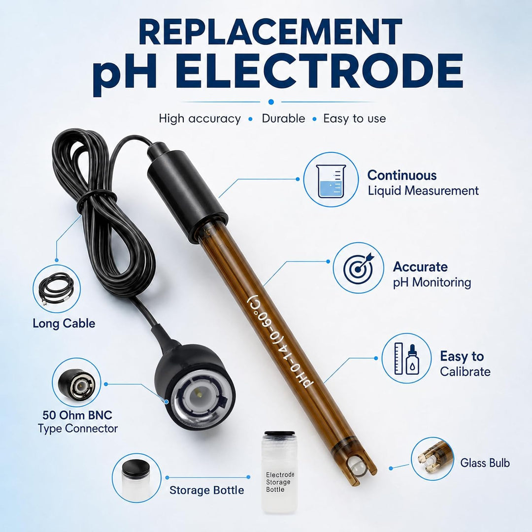 Ersatz pH-Elektrode mit Kalibrierpulver, 0-14 pH, sehr präzise, Sonde mit BNC-Anschluss & 200 cm Kab