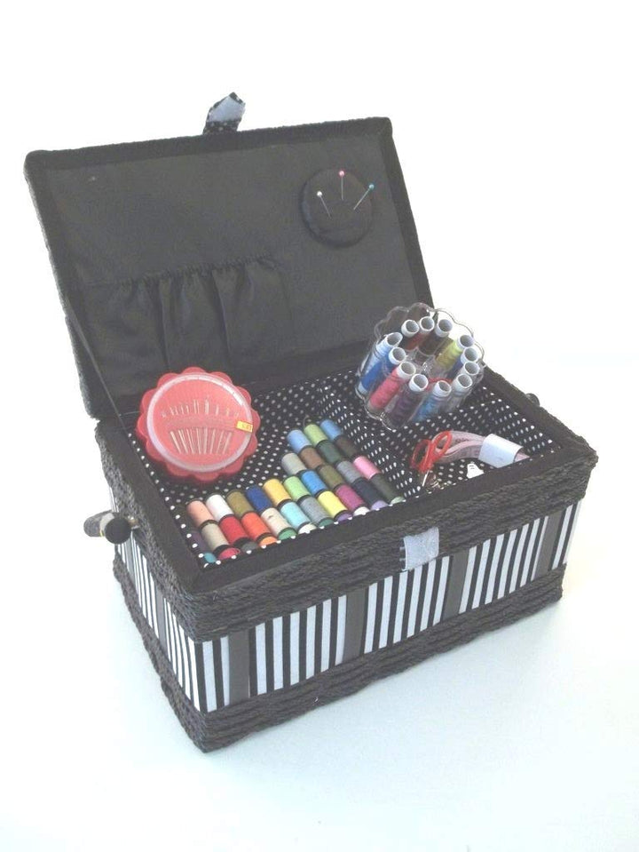 Nähkästchen inklusive Nähset, Nähkorb mit Inhalt, Handarbeitskorb, schwarz-weiss