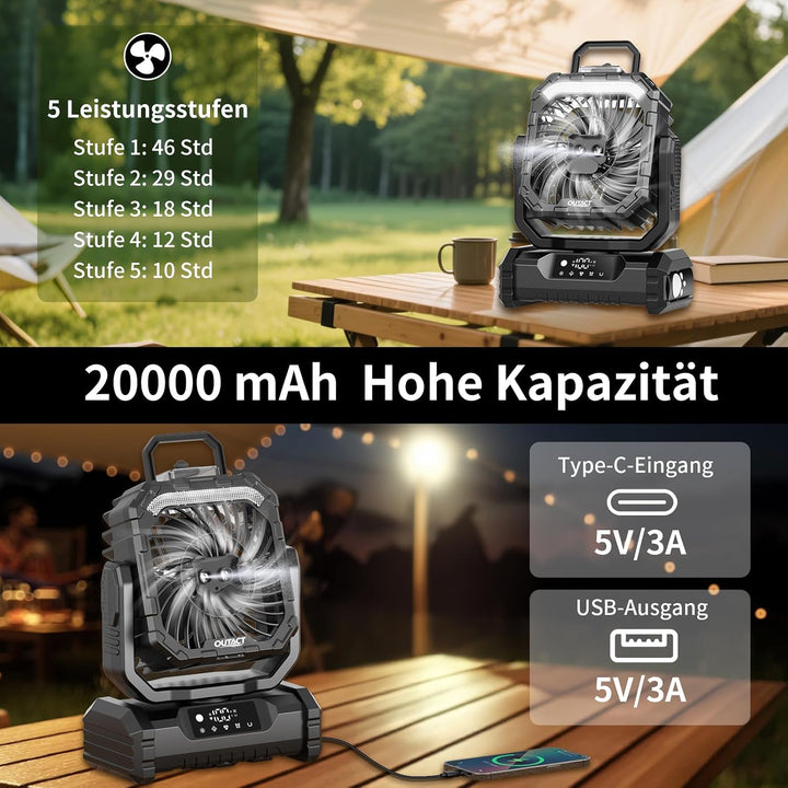 Ventilator Camping mit Sprühnebel, Akku Ventilator 20000mAh mit LED Licht, Haken, 270° Drehung, Trag