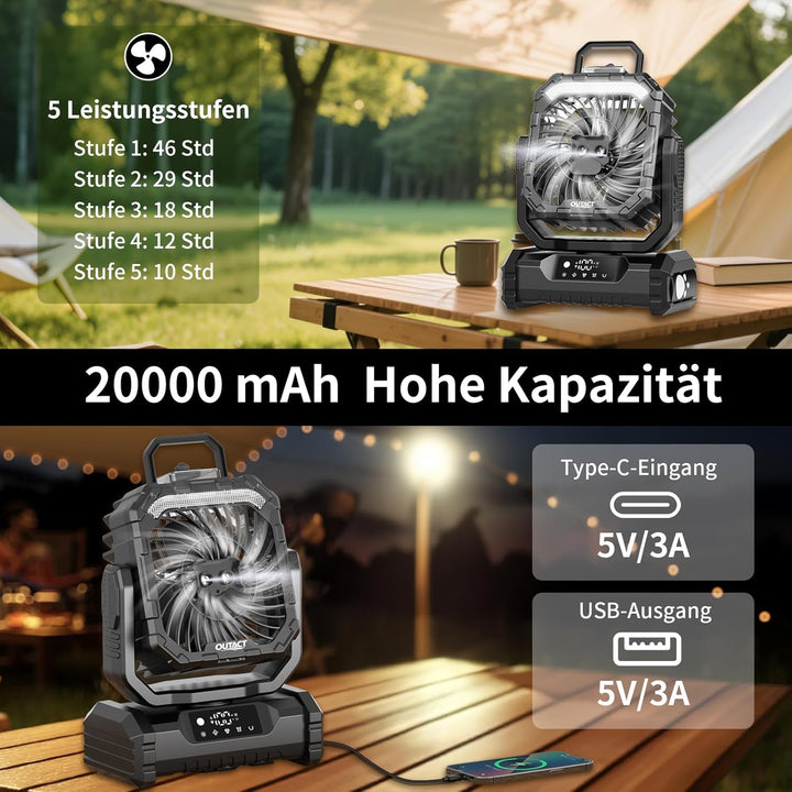 Ventilator Camping mit Sprühnebel, Akku Ventilator 20000mAh mit LED Licht, Haken, 270° Drehung, Trag