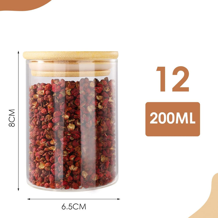 FoiiLiio 12 Stück Gewürzgläser Set mit Bambus Deckel, 200ml Gewürzdosen Set Glas, Gewürzbehälter Spi