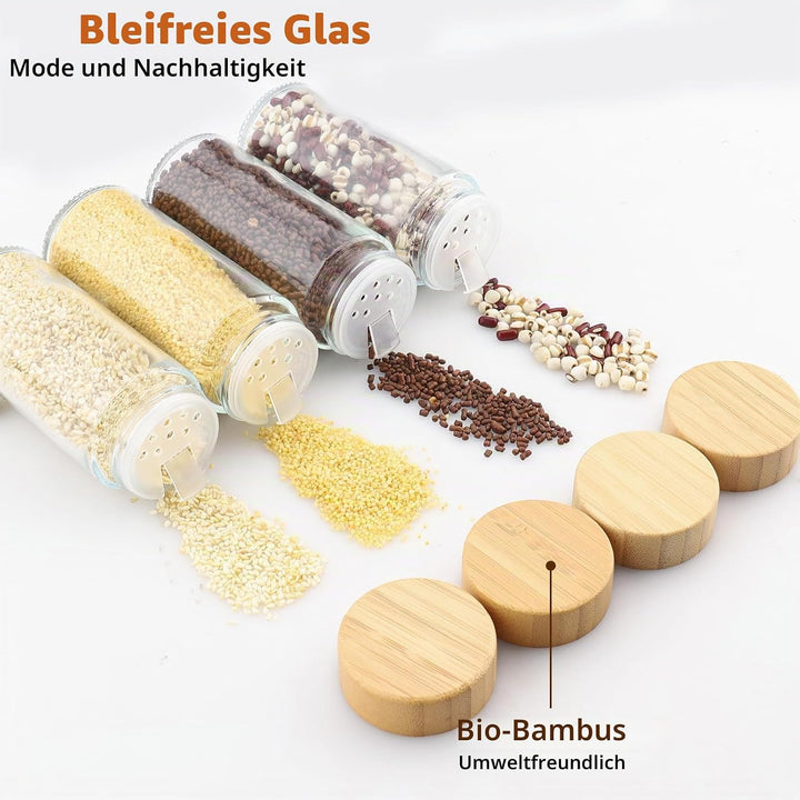 Gewürzdosen Hochwertigem Holzdeckel [12 Stücke],120 ml Gewürzgläser, Gewürzstreuer Glas Gewürzbehält