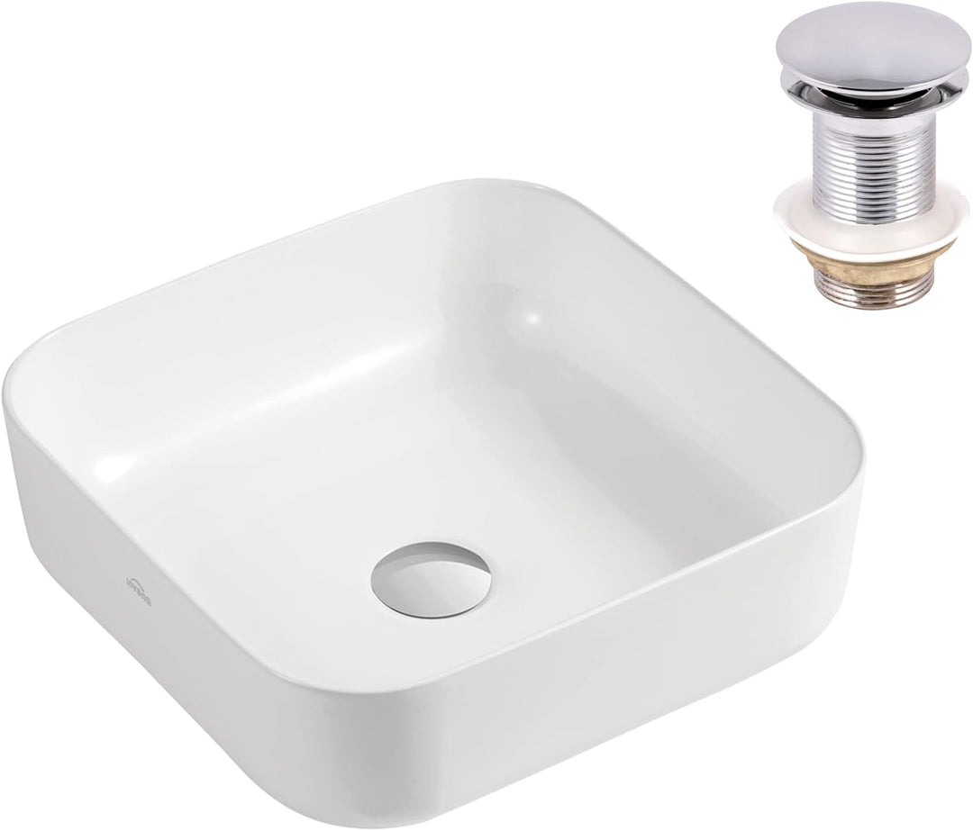 VBChome Waschbecken 39 x 39 cm Keramik Weiss Oval Pop-up ventil Click-Clack Waschtisch Handwaschbeck