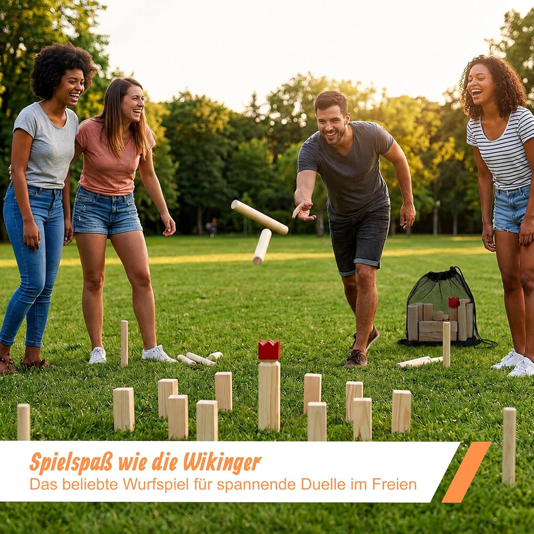 Relaxdays Wikinger Wurfspiel aus Kiefernholz, Natur Kubb Wikingerspiel, roter König, gross, Gartensp