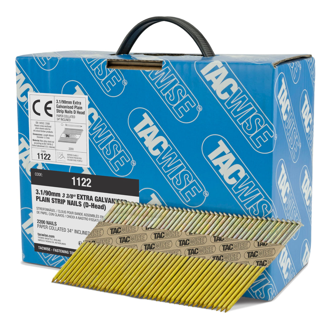 TACWISE 1122 3,1 / 90mm extra verzinkte Streifennägel, D-Kopf, 34° geneigt, papiersortiert, Packung