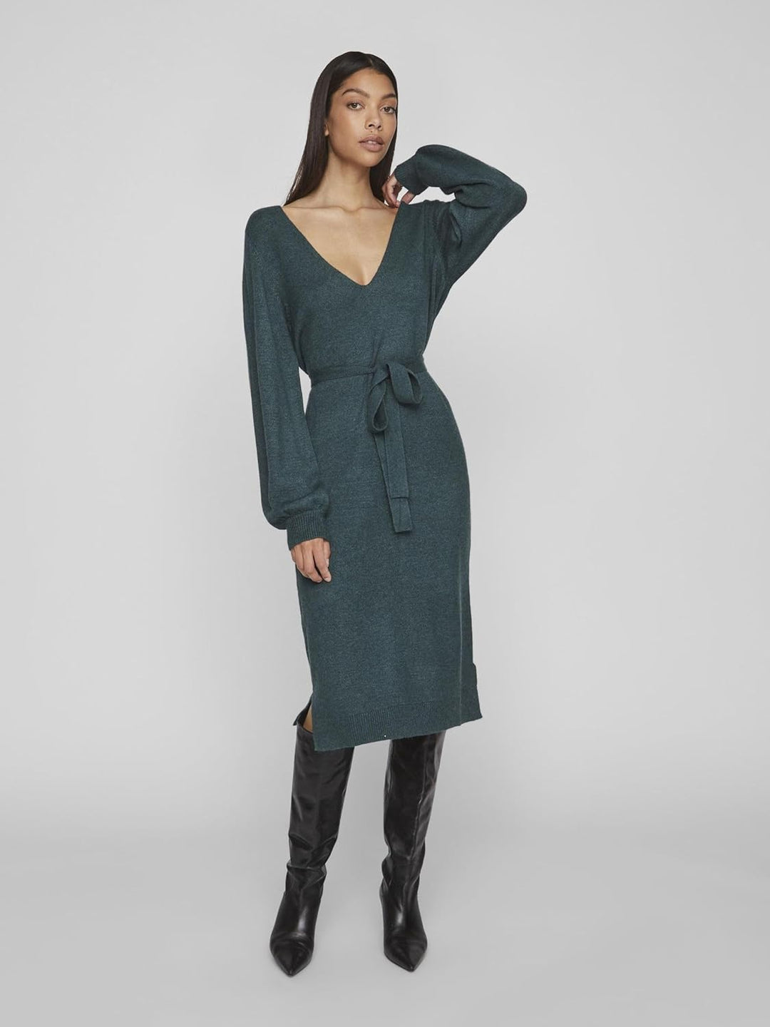 Vila Damen Viril Rev V-Neck Knit Dress-Noos Strickkleid, XS Ponderosa Pine/Detail:dark Melange