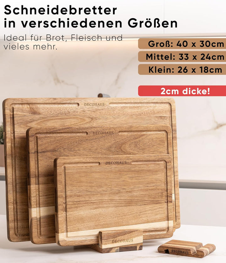 Deco haus Schneidebrett Holz 3er Set aus Robustem Akazie [2cm DICKE] - Schneidebretter mit Saftrille