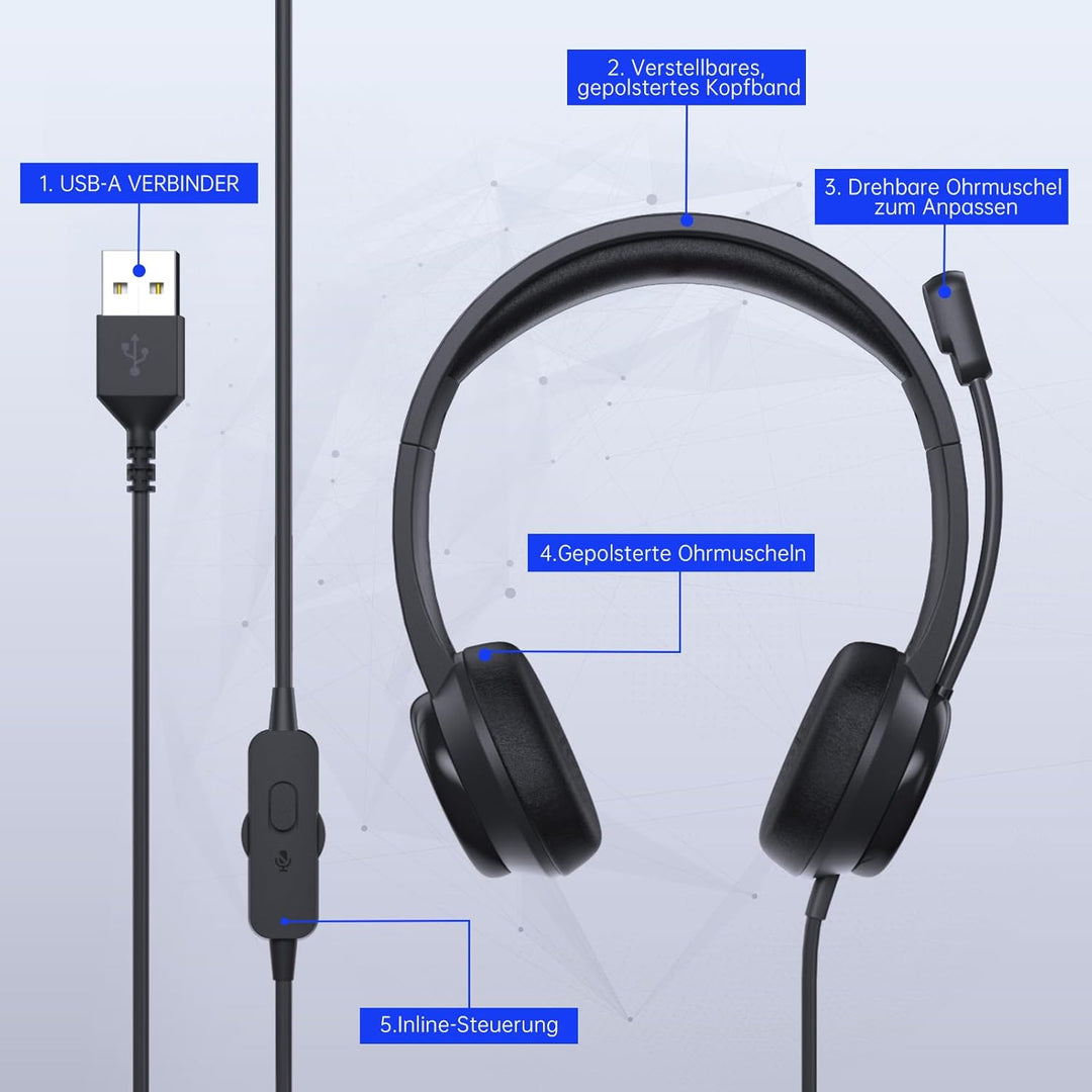 USB Headset mit Mikrofon, Stereo-Headset Noise Cancelling Mikrofon, Kabelgebundenes USB PC Headset f