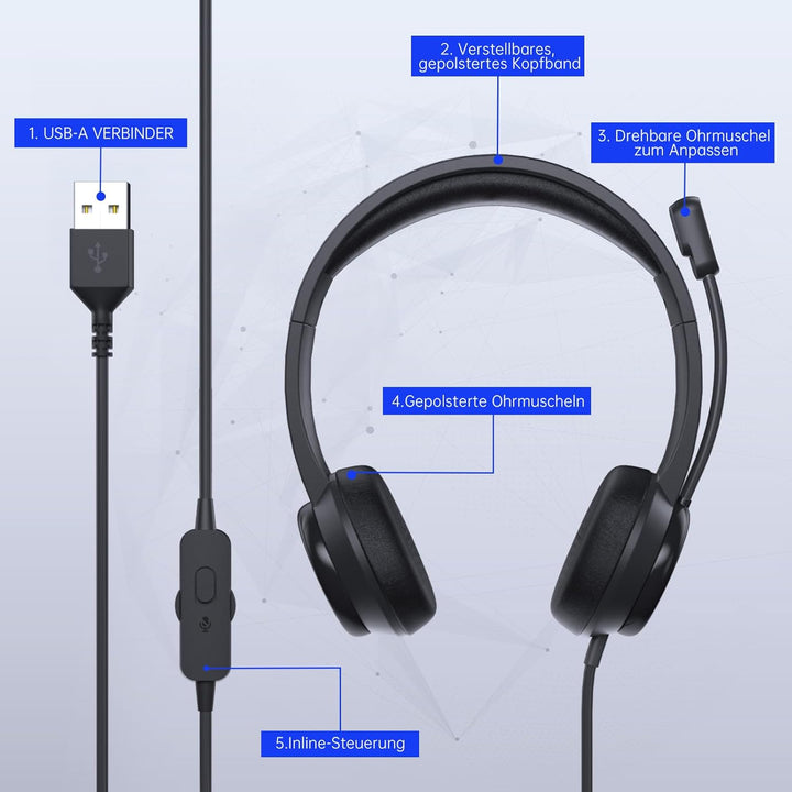 USB Headset mit Mikrofon, Stereo-Headset Noise Cancelling Mikrofon, Kabelgebundenes USB PC Headset f