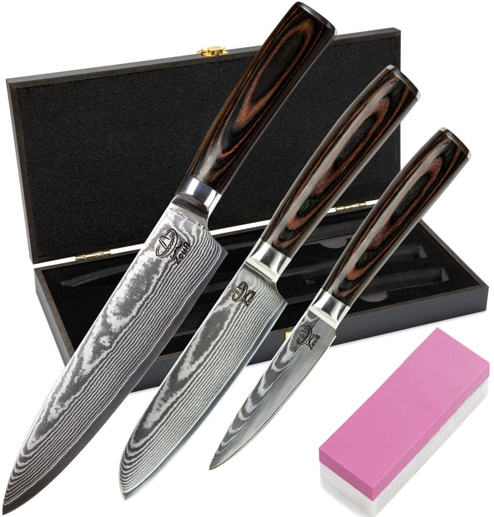 ZEUss Damastmesser-Set 3er (32 cm, 24 cm und 20cm) Profi-Damast-Küchenmesser Set aus 67 Lagen Damast