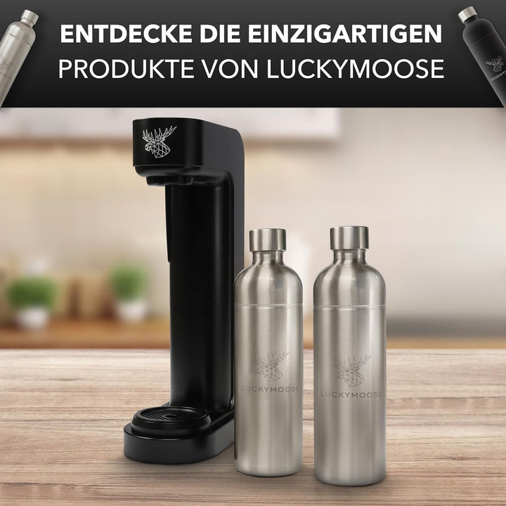 Luckymoose® Infinity Wassersprudler mit 2x 1,25L Edelstahlflaschen - Spart bis zu 25% CO2 dank Stopp