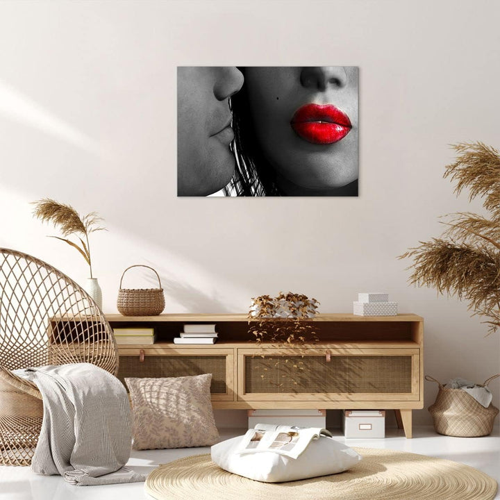 Bilder auf Leinwand Rote Lippen dunkles Haar Modell Liebe Leinwandbild 70x50cm Wandbilder Dekoration