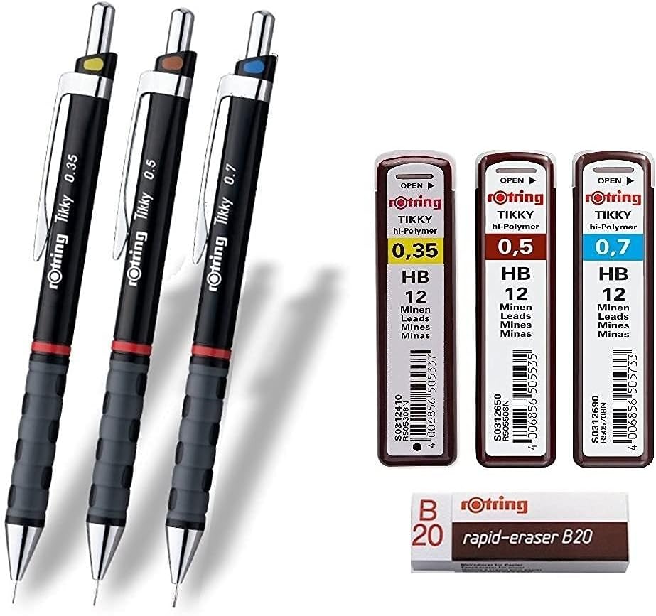 rOtring Tikky 3er Set mit Colourcode 0,35/0,5/0,7 mm (inkl. 3 Dosen Ersatzminen HB + Radierer B20)