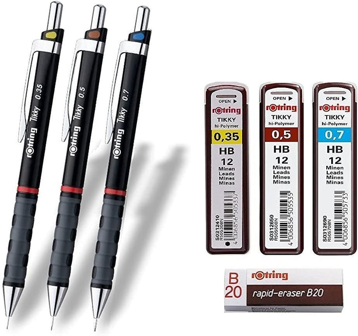 rOtring Tikky 3er Set mit Colourcode 0,35/0,5/0,7 mm (inkl. 3 Dosen Ersatzminen HB + Radierer B20)