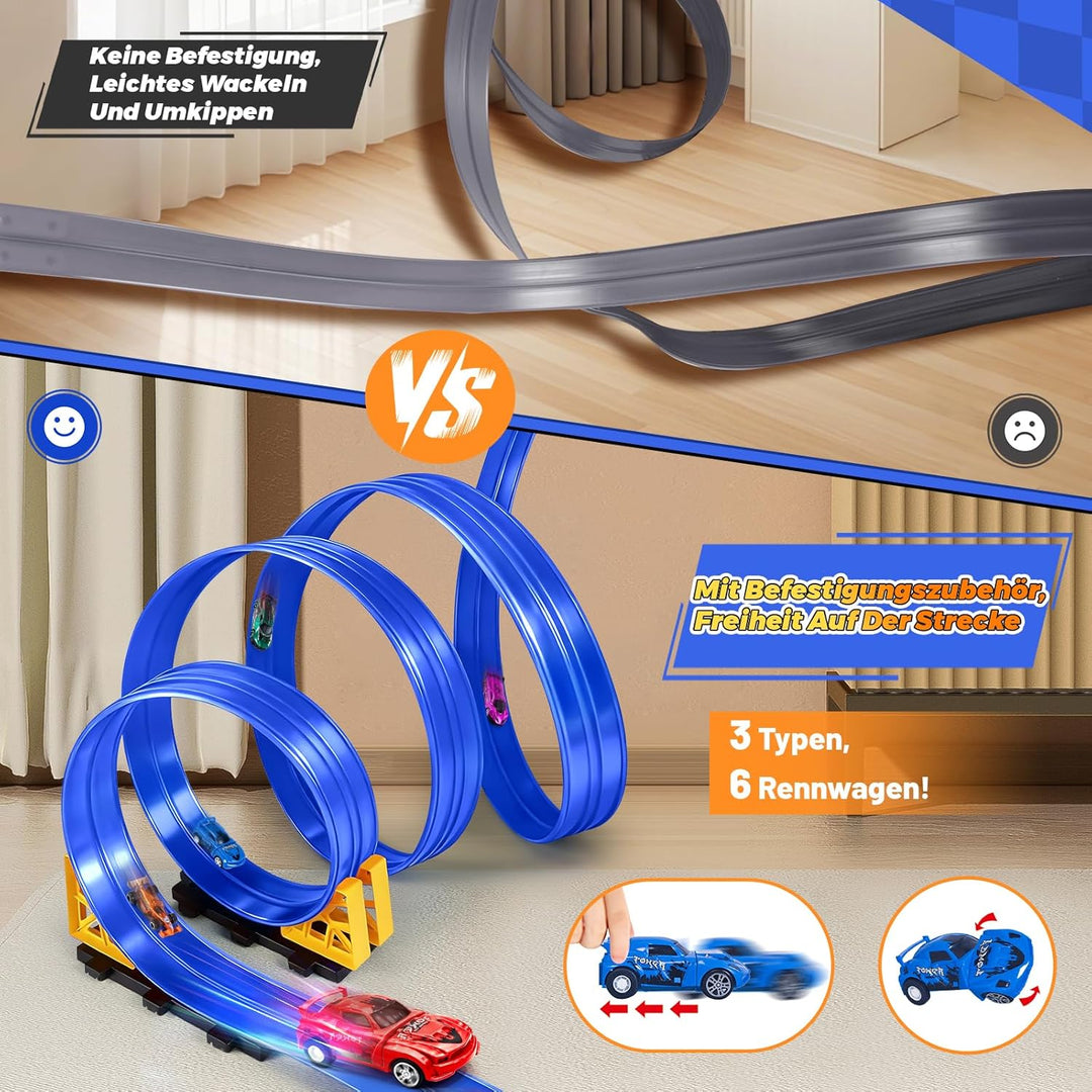 Autorennbahn Kinder, 500CM Rennbahn Rennstrecke Flexible Rennstrecke Kinder mit 6 Kleinwagen Aufbewa