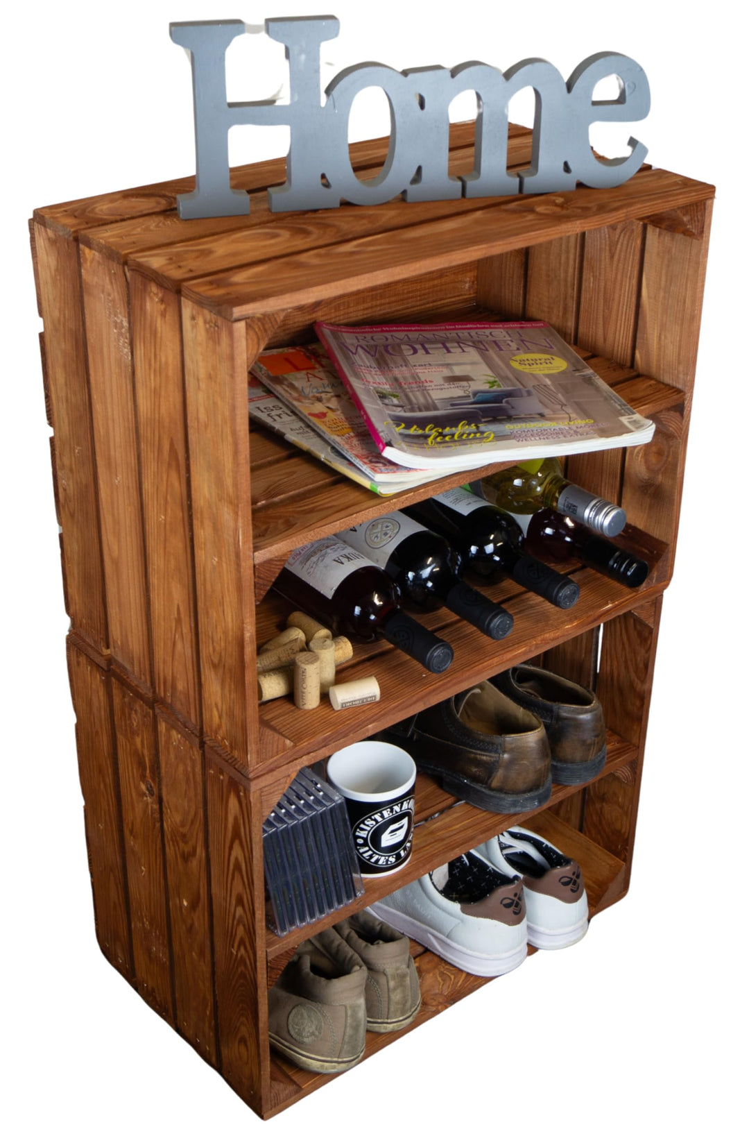 Kistenkolli Altes Land Holzkiste Ocker Schuhablage Schuhständer DIY Upcycling Regalbau Schuhaufbewah