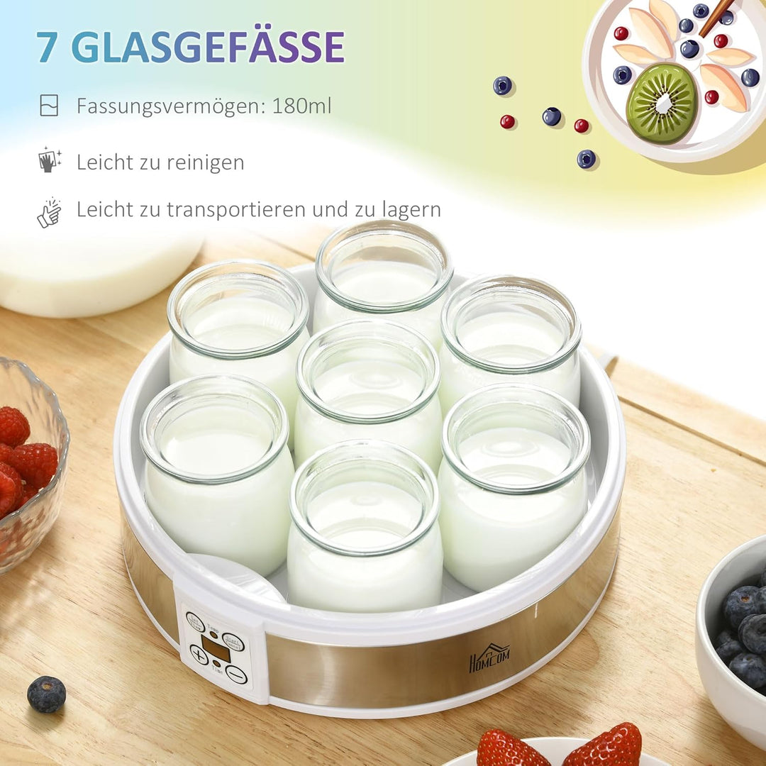 HOMCOM Joghurtbereiter Griechische Joghurtmaschine mit Deckel, 7 BPA-freier Glas-Innenbehälter à 180