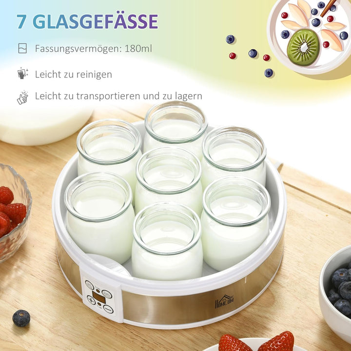 HOMCOM Joghurtbereiter Griechische Joghurtmaschine mit Deckel, 7 BPA-freier Glas-Innenbehälter à 180