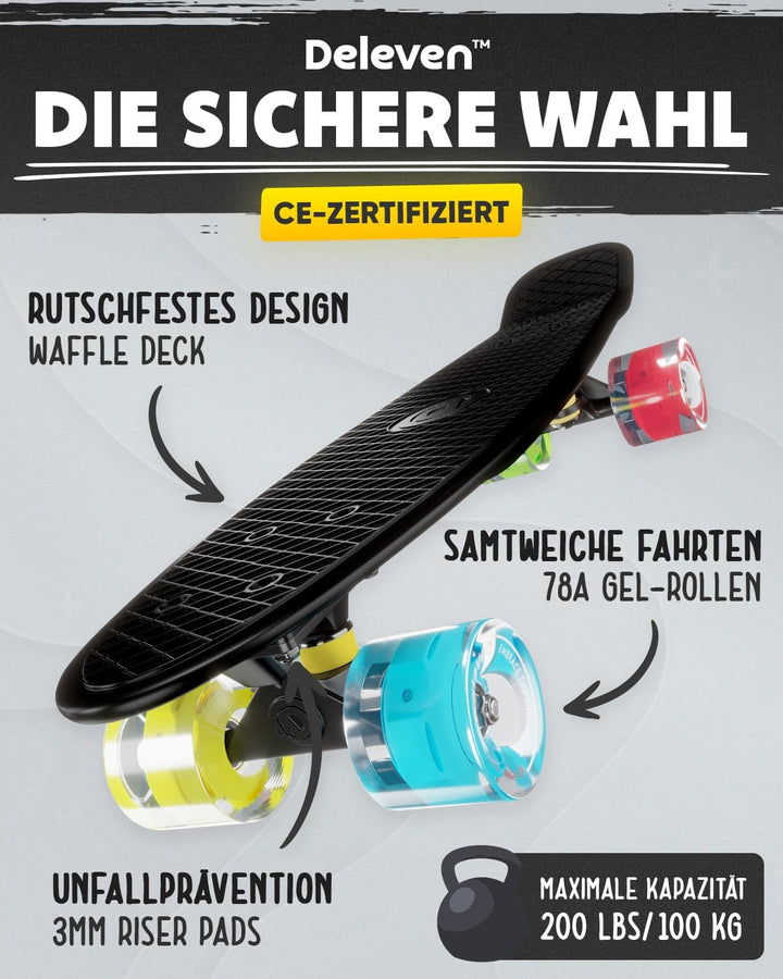 Deleven Skateboard mit LED Rollen, Skate Tool und ABEC 7 Lager - Kinder Erwachsene Anfänger - 56 cm,