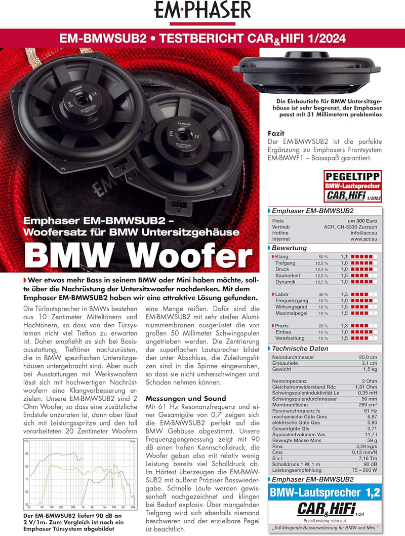 EMPHASER EM-BMWSUB2 – High Power 20 cm / 8 Zoll Auto Untersitz Subwoofer, kompatibel mit BMW Fahrzeu