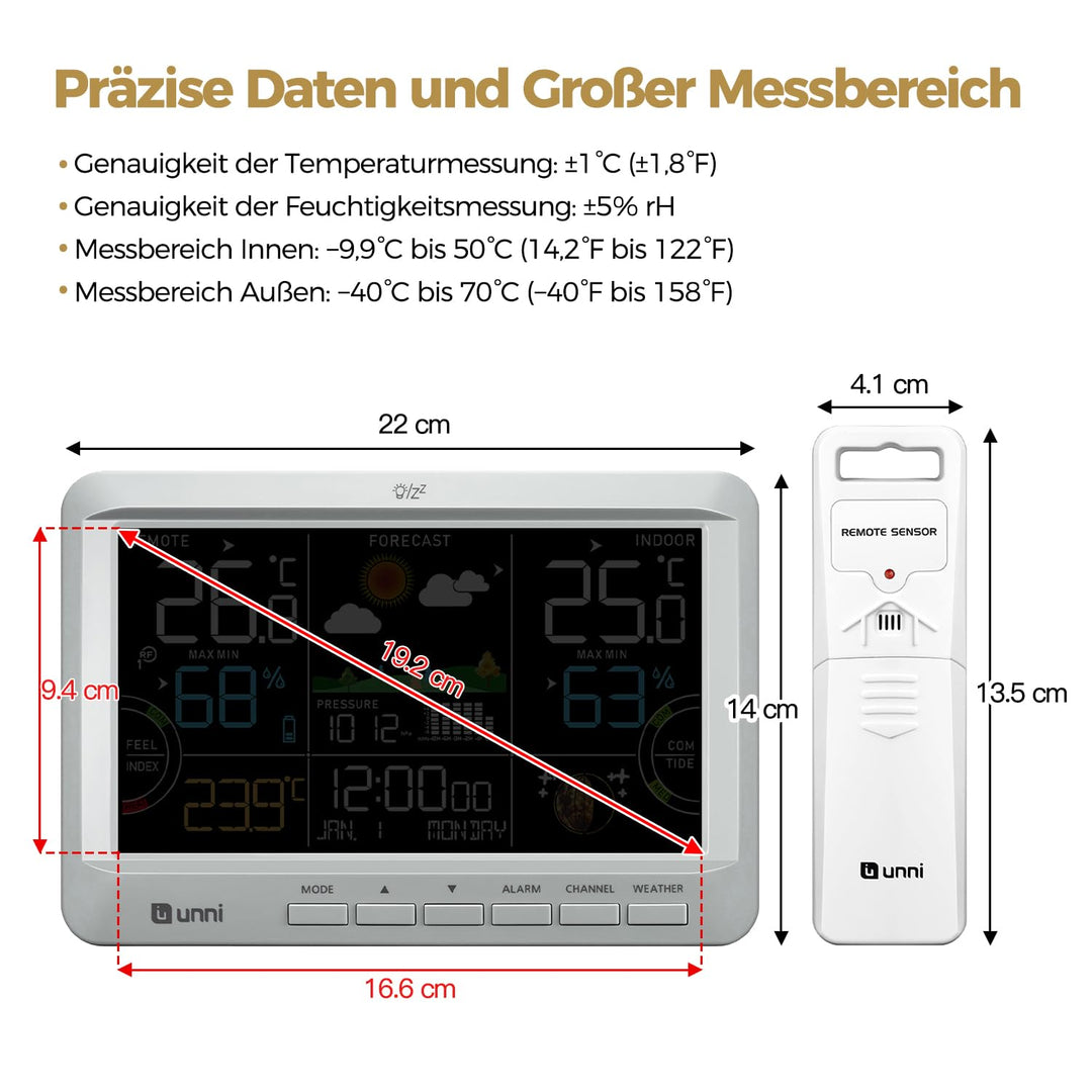 Funk Wetterstation mit Aussensensor Netzbetrieb und Batteriebetrieb, Funkwetterstation mit 3 Helligk