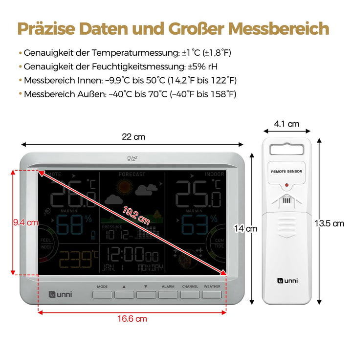 Funk Wetterstation mit Aussensensor Netzbetrieb und Batteriebetrieb, Funkwetterstation mit 3 Helligk