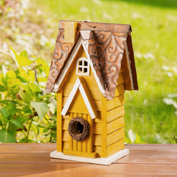 Glitzhome GH90085 Hängendes Vogelhaus aus Holz im Used-Look, Gelb, gelb