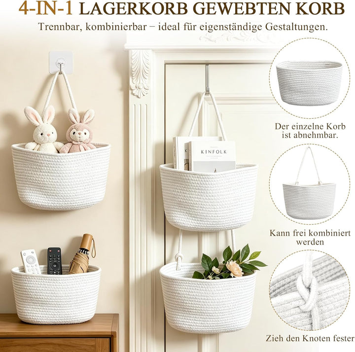 Tür Organizer hängend 4-stöckig, Weiss | Hängekorb aus Baumwollseil, Mit 4 Haken ohne Bohren, 2 vers