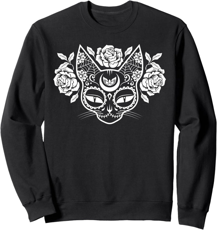 Sugar Skull Cat Face with Roses Sweatshirt