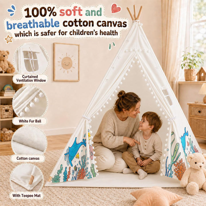 DIY Tipi Zelt für Kinder Indoor mit 12 Pinsel+Lichterkette+Tasche, 120x160cm Waschbar Kinder Zelt Ti