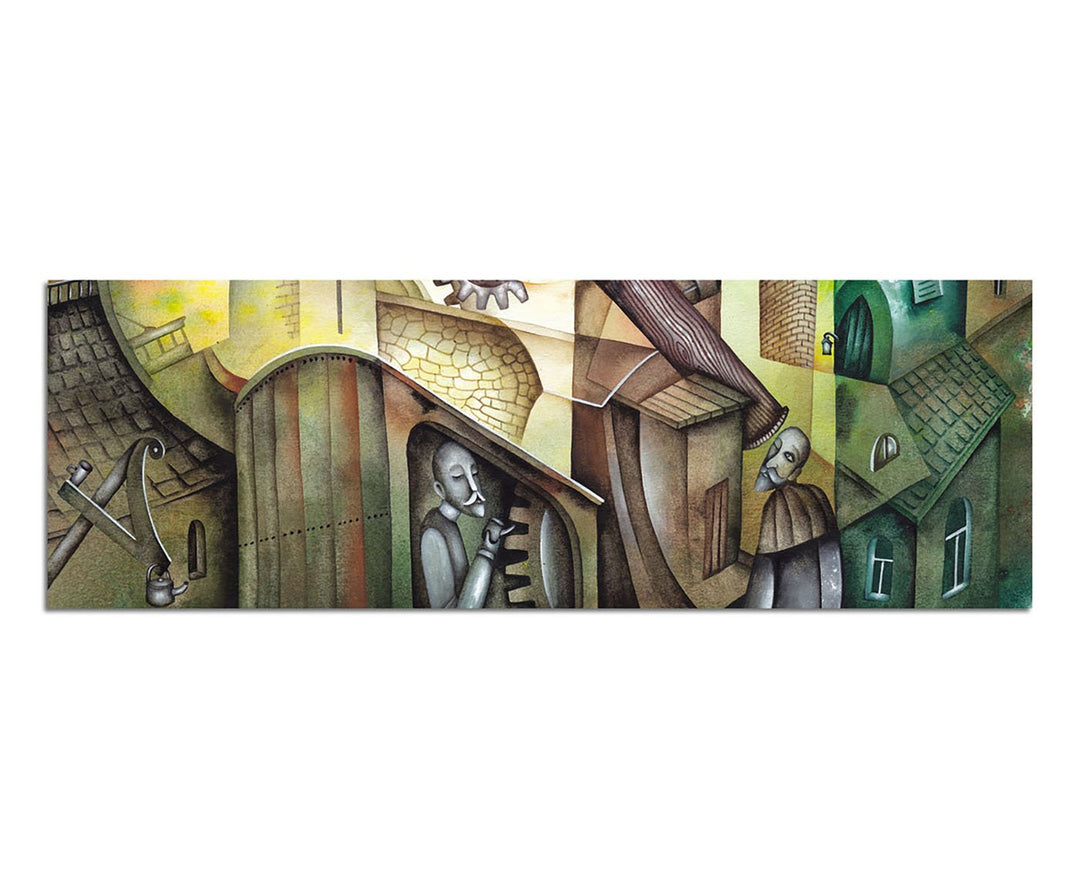 Paul Sinus Art Panoramabild auf Leinwand und Keilrahmen 150x50cm Gemälde Vintage abstrakt Häuser Fig
